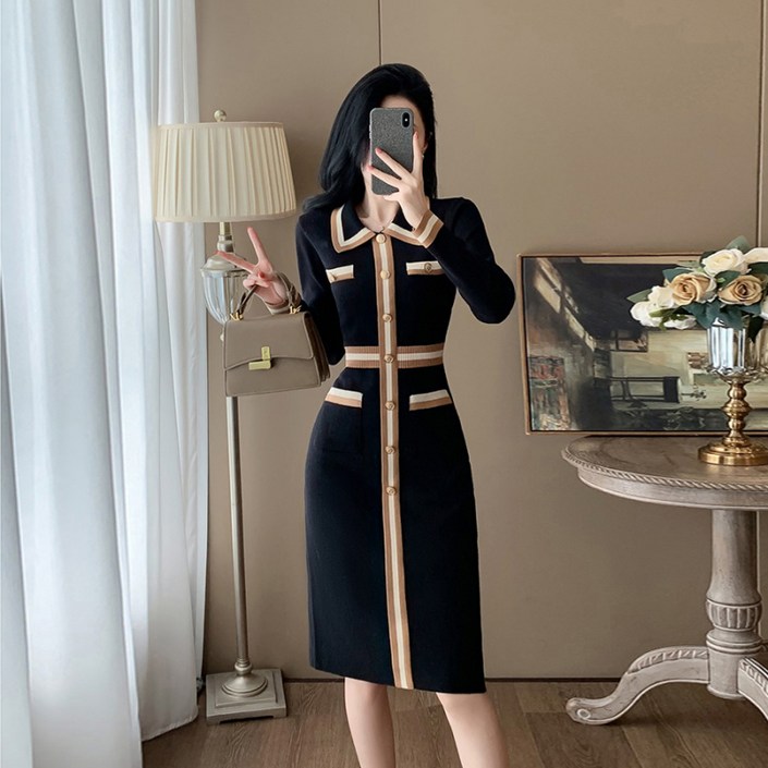COSYEVNO 긴팔 니트 원피스 슬림핏 허리 조임 통근 여성 카라넥 스웨터 미디 스커트