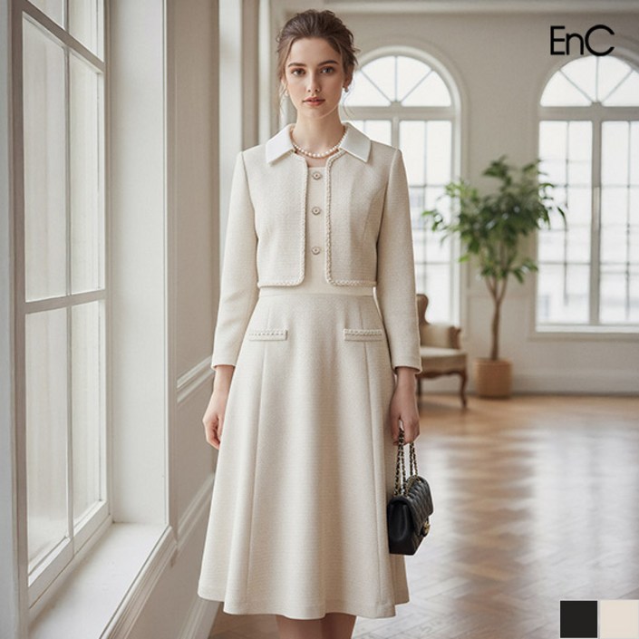 ENC하객룩추천 트위드 배색원피스 ENOW33801W