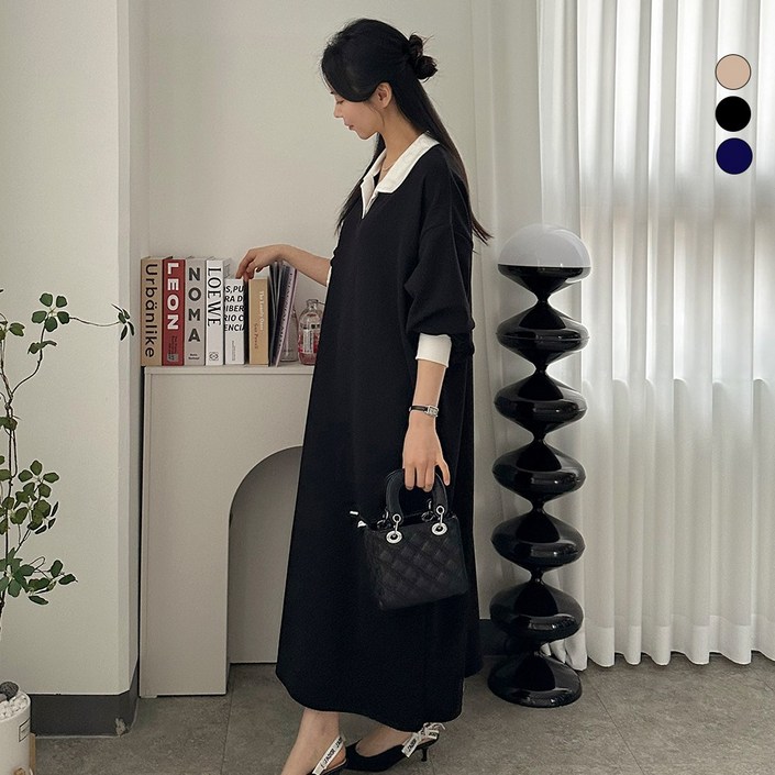 디테일웨어 여성 나나 카라넥 무지 롱원피스 빅사이즈 임부복 포켓포함 간절기 긴팔 원피스 구김없는 편한 원피스