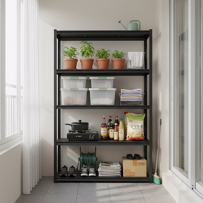 체인지업 에코랙 5단 철제선반 주방 수납장 전자레인지 선반 베란다선반 조립식 다용도 정리 수납 진열, 5단, 검정