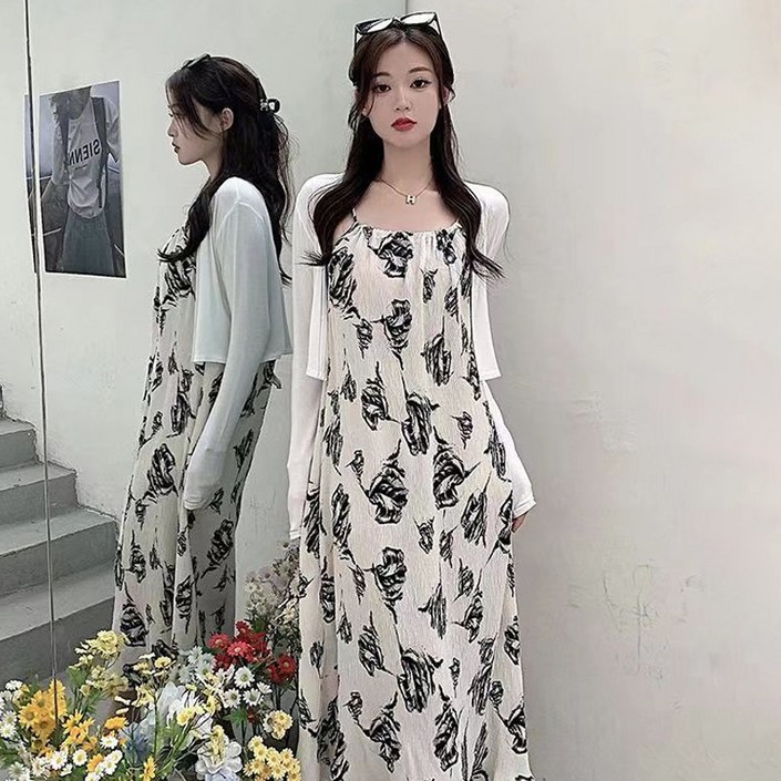 Asure 여자 여름 플라워 끈나시 롱 원피스 카디건 투피스 세트
