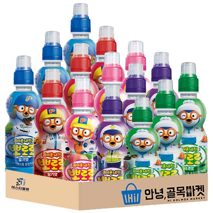 안녕골목마켓 뽀로로 음료수 밀크맛3개 딸기맛3개 블루베리맛3개 사과맛3개 복숭아맛3개 5종 총15개, 1세트, 235ml