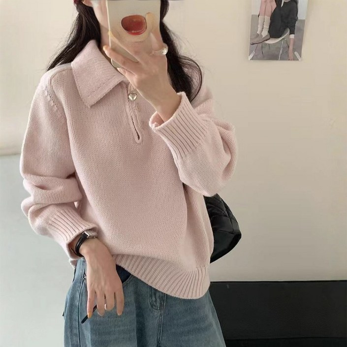 웨일쓰 여성 카라니트 루즈핏 니트 긴팔 기본 데일리 겨울 스웨터