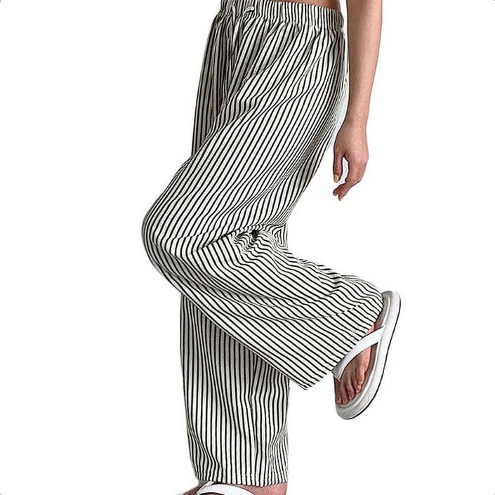 바디코디 와이드팬츠코디 여성 데일리 스트라이프 와이드바지 팬츠 크롭 고무줄바지 배기