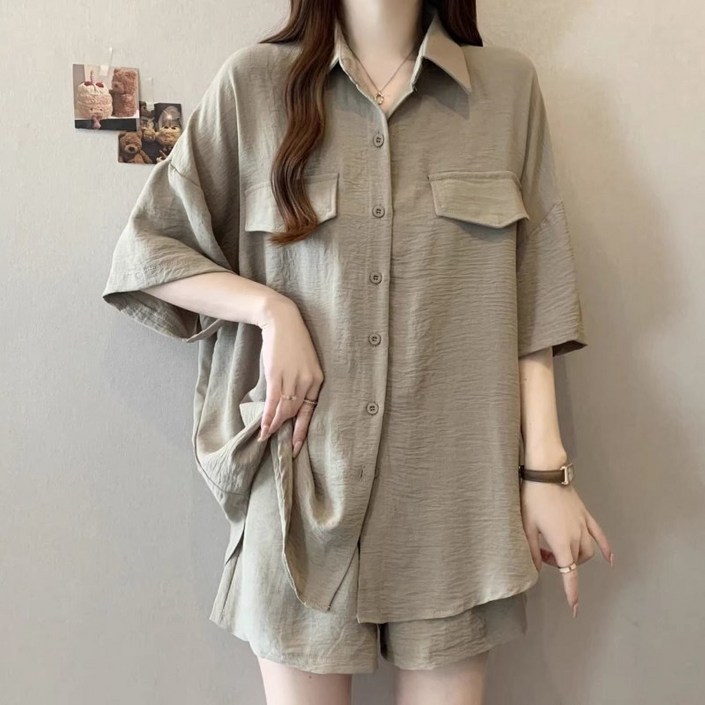 COSYEVNO 여름 여성 셔츠 투피스 루즈핏 반팔 코트반바지 세트