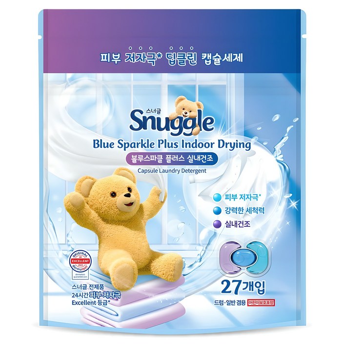 스너글 캡슐 세탁세제 블루스파클 플러스 실내건조, 27개입, 1개