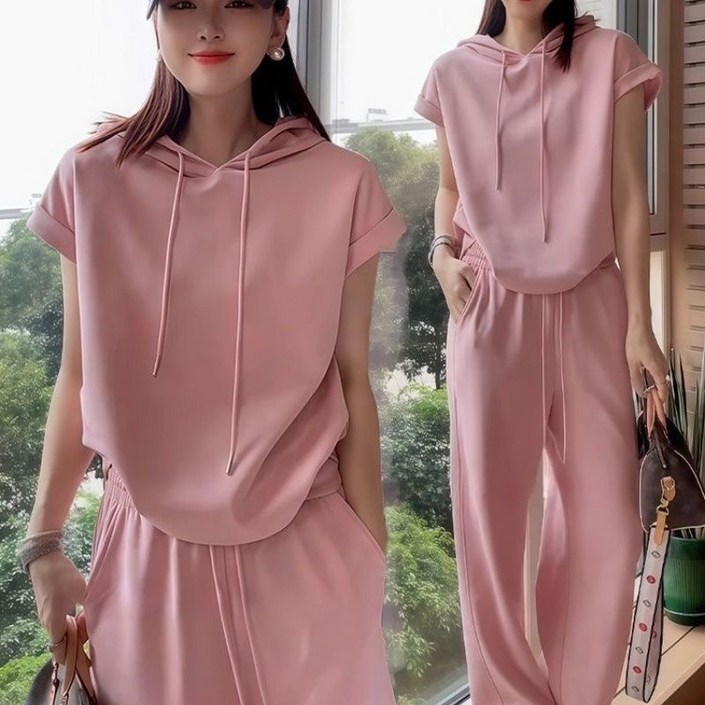 Ashysnow 캐주얼 트레이닝 세트 여성 여름 루즈핏 순면 후드 반팔 상의 트레이닝 바지 투피스