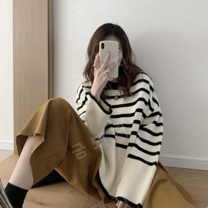 니트 스트라이프 풀오버 스웨터 여성 레트로 부드러운 느슨한