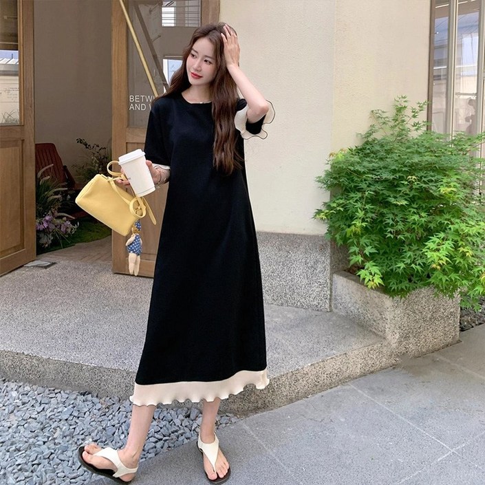 SELEAD 여름롱원피스 빅사이즈원피스 블랙원피스 반팔원피스 검정원피스 심플레트로 미디원피스 루즈핏원피스 L3XL