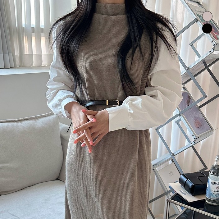 디테일웨어 여성 벨트세트 골드 니트원피스 간절기 하객룩 오버핏 긴팔 롱원피스 셔츠 레이어드 오피스룩 상견례룩