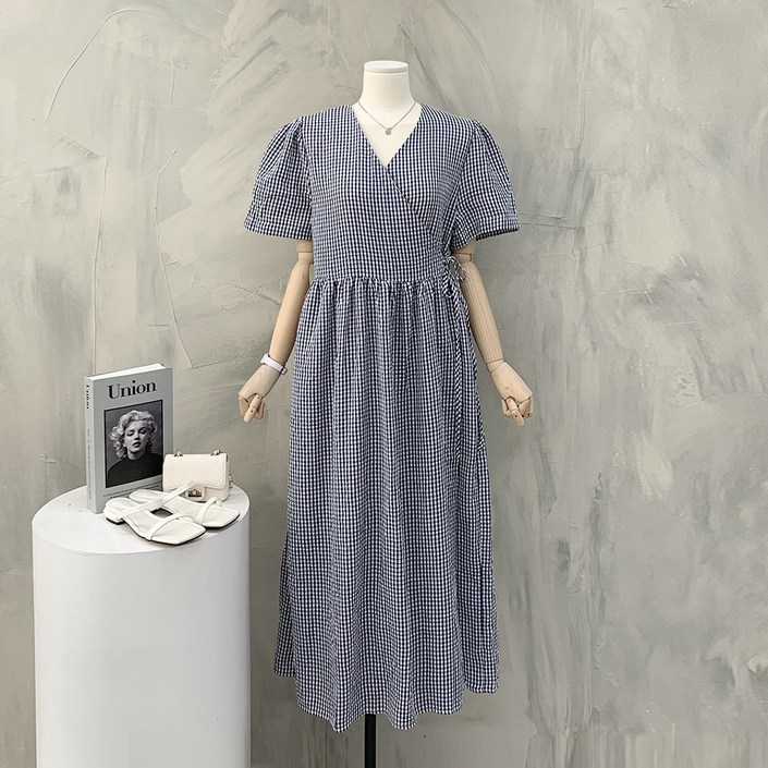 [행복여] 린디 벌룬 소매 고방 체크 지지미 랩 원피스