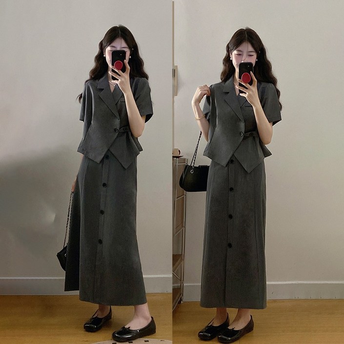 웨일쓰 여름 반팔 자켓롱스커트 투피스 오피스룩 하객룩 여성 정장세트