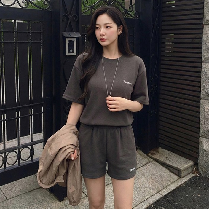 LUNAPOLI 여성 여름 반팔 반바지 트레이닝복 루즈핏 상하의 세트