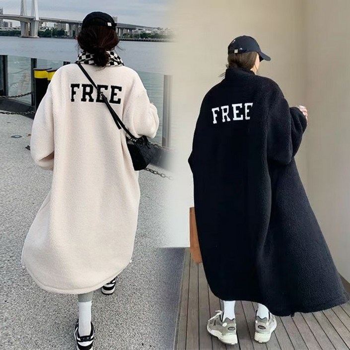 JUSTFEELING 빅사이즈 루즈핏 영문글자 가을 겨울 아우터 바람막이 방한 롱 뽀글이 자켓 노카라 외출복 롱 코트 여성