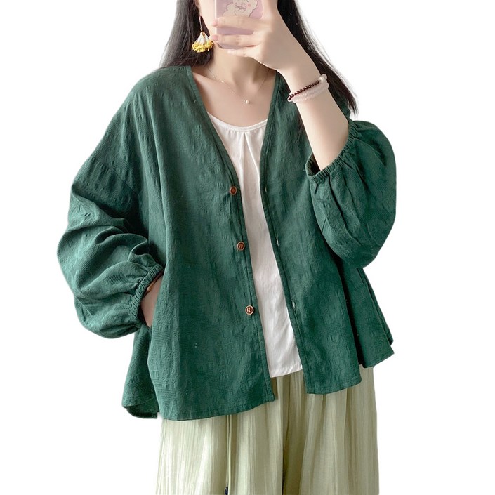 ROYALBELLE 여성 린넨 긴팔 셔츠 상의 데일리 가오리 소매 브이넥 가디건 캐주얼룩 V52507