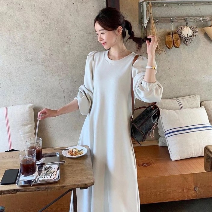 꽃소담 여성 봄가을 라운드넥 퍼프소매 맨투맨롱원피스 L893