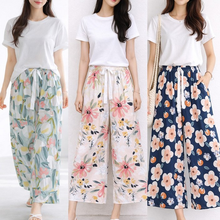 여성 꽃무늬 와이드팬츠 여름 냉감 플라워패턴 밴딩 통바지 홈웨어