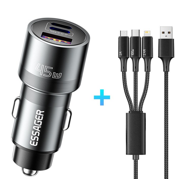 Essager 45W 3포트 C타입USB A라이트닝 차량용 시거잭 자동차 고속 충전기, 그레이 Essager 45W 3포트 C타입USB A라이트닝 차량용 시거잭 자동차 고속 충전기, 그레이