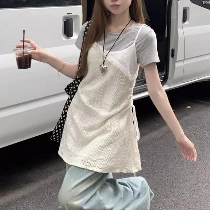 cammello 보헤미안 셔링 레이어드 원피스 아일렛 나시 드레스