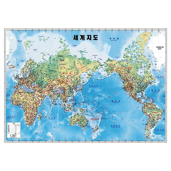지도닷컴 세계지도 지세 지리 지도 코팅형 110 x 78 cm + 대한민국 전도