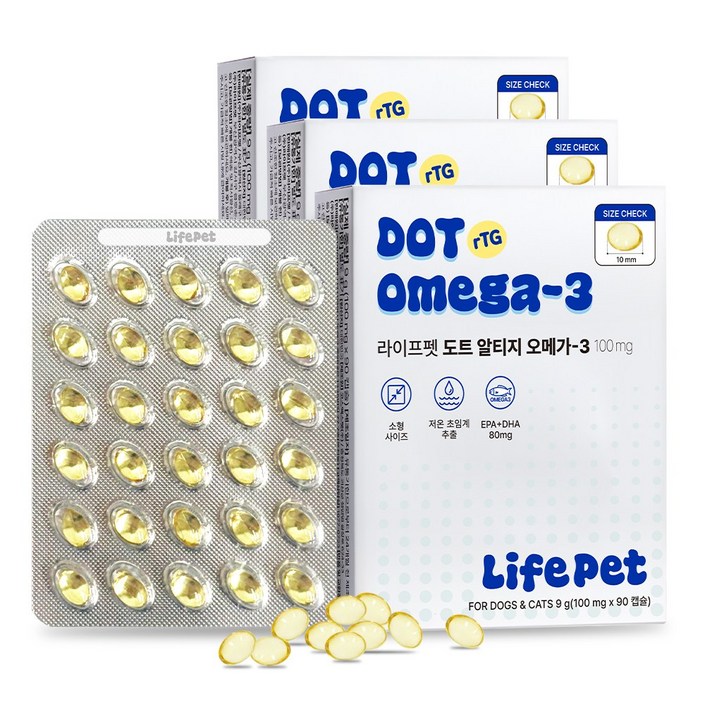 라이프펫 강아지 고양이 도트 알티지 오메가3 100mg 영양제 순도80 초임계 90캡슐, 3개, 오메가3, 90회분