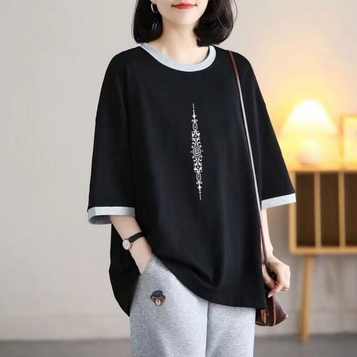 VEZRI 빅사이즈 티셔츠 상의 여성 봄 여름 루즈핏 맘룩 미디움기장 반팔티 편안한 일상복 시원한 쿨링소재