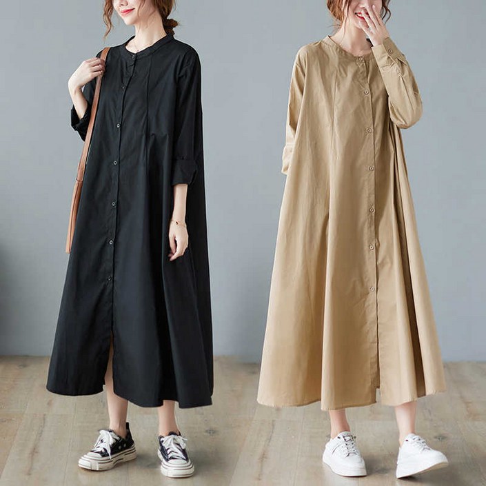 25년 신상 빅사이즈 여성 셔츠형 찰랑 날씬해보이는 긴 원피스 여름 편한 박스 셔링 단아한 매력 클래식 디자인 모던 핏 예쁜 주머니있는 외출용 캐쥬얼 심플 a라인 스커트 원피스