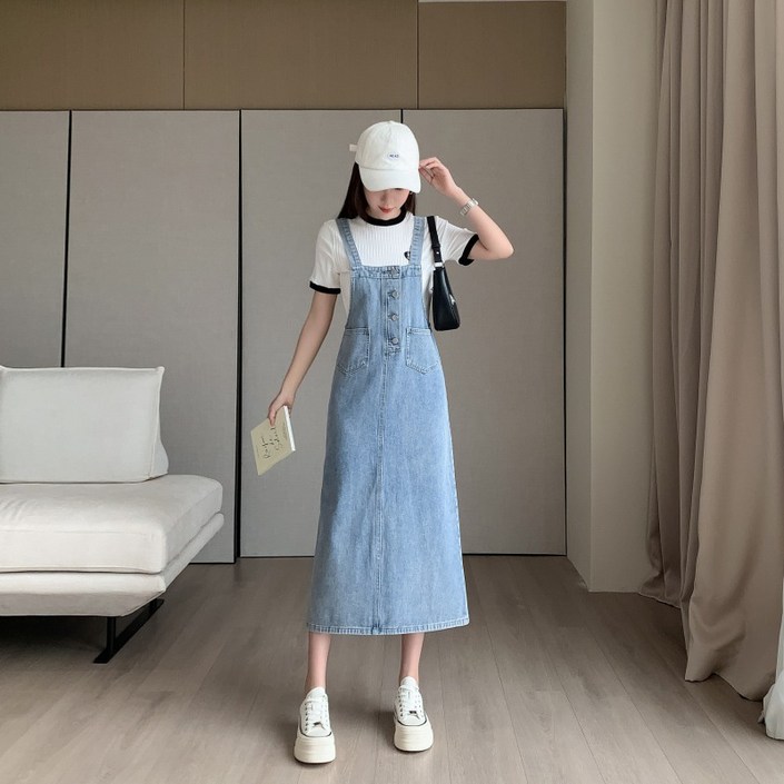 SAHINER 여름 여성 루즈핏 롱스커트 연청 멜빵 데님 힙업원피스 LWAQZ19 SAHINER 여름 여성 루즈핏 롱스커트 연청 멜빵 데님 힙업원피스 LWAQZ19