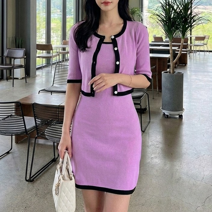 글램디브 로데튼 여성 슬림핏 니트원피스 반팔 가디건 세트