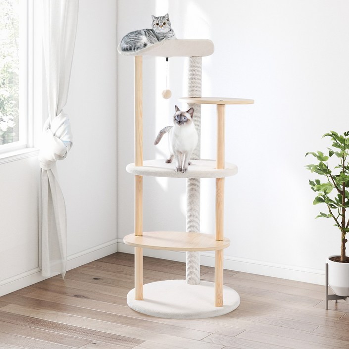PAWZ Road 4단 모던 심플 고양이 우드 트리타워 원목 캣타워,스크래쳐 기둥  전망대  카펫, 1개, 베이지