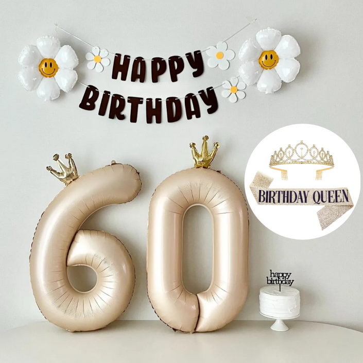 연지마켓 환갑이벤트 데이지 숫자 풍선 환갑 칠순 생일 파티 용품 세트, 1세트, 베이지60+왕관+어깨띠