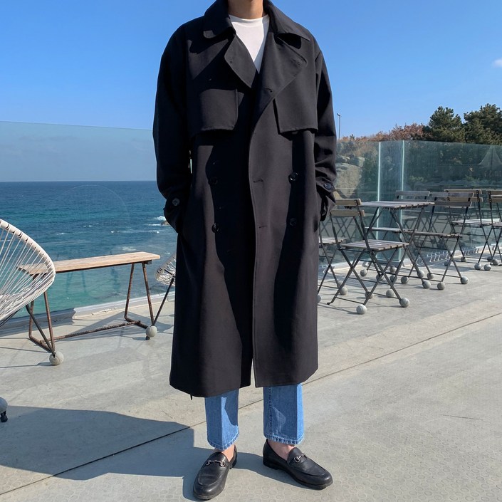 남성용 인생 오버핏 롱 트렌치코트