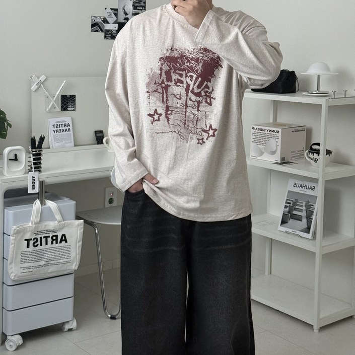 르위 남자 라운드 긴팔티셔츠 빅사이즈 슬리브 프린팅