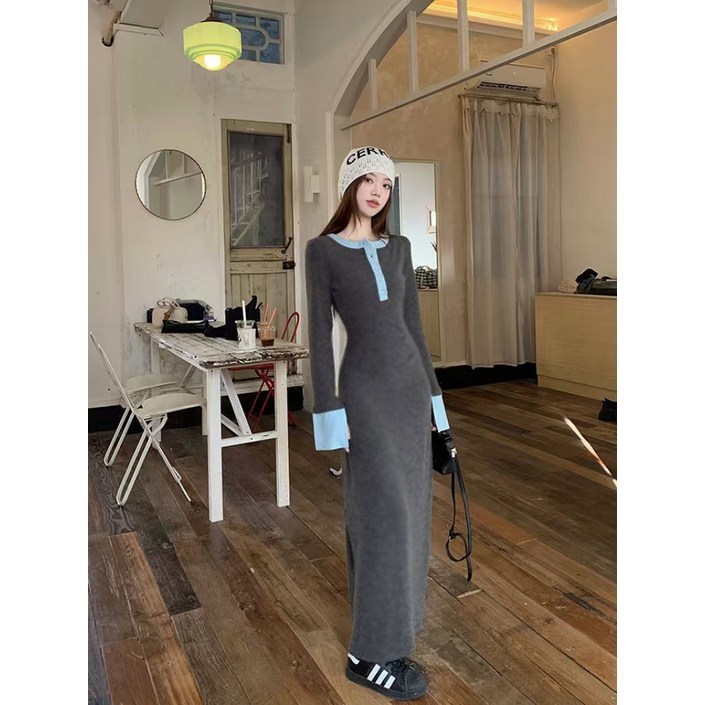 해피유통 여성 배색 캐주얼 슬림 니트 원피스 jhz