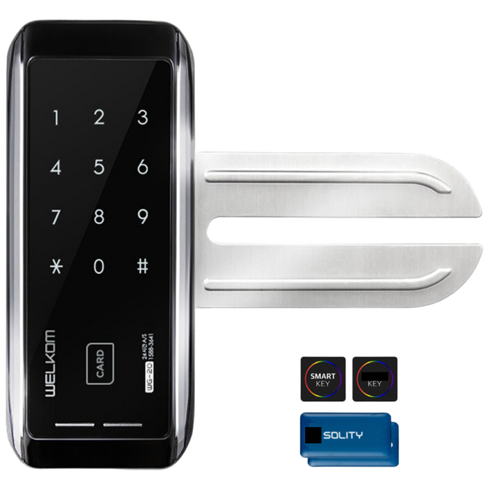 수도권설치내일도 가능 솔리티 웰콤 WG20 단문형 카드키4개번호키 강화유리문전용 좌우수문인식키패드자동전환 상시문열림기능 차임벨 생활방수 상가 현관문 디지털도어락 도어록, 웰콤 WG20 단문형무료설치A지역월요일, 방문설치