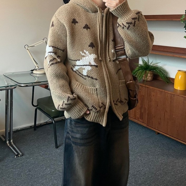 르위 두툼한 오버핏 후드 집업니트 투웨이 이중지퍼 스웨터 빅사이즈