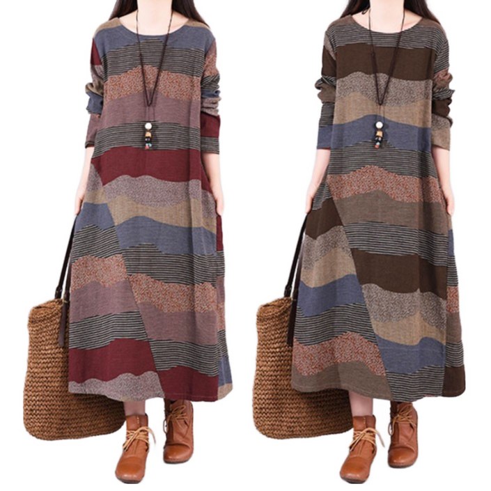 은창어텀 무드 패턴 롱 원피스 여름 치마 빅사이즈 롱원피스 루즈핏 가을 겨울 긴팔 여성 돌잔치엄마 베
