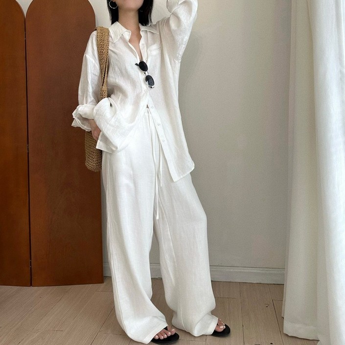 영메이 YM23361 여성용 캐주얼 여름 린넨 면바지 흰색 긴바지