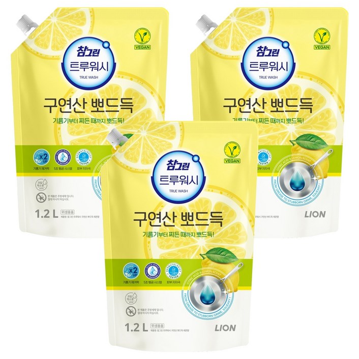 비건라이프 참그린 트루워시 구연산 뽀드득 주방세제 레몬향 리필, 1.2L, 3개