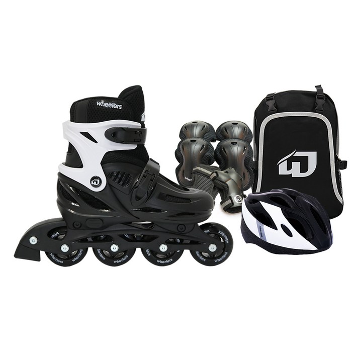 인라인스케이트 휠러스 아동용 에이스2 인라인스케이트 + 가방 + 보호대 + 헬멧 콤보 세트, 블랙