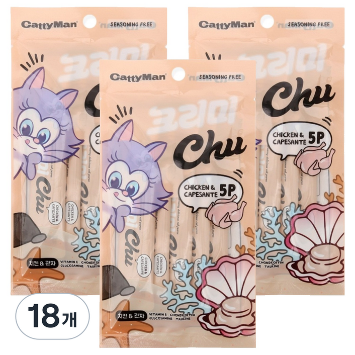 캐티맨 고양이 크리미츄 간식 5p, 혼합맛(치킨 + 관자맛), 18개