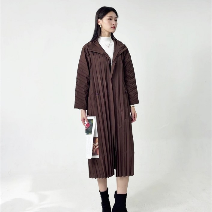 미야케 주름 싱글 롱 트렌치코트 고급 플리츠 재킷