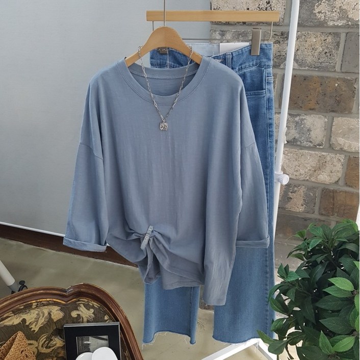 상상그이상 여성용 국내제작 박스 7부 부드러운 슬라브원단 루즈핏 라운드넥 무지 티셔츠 레이어드 이너티