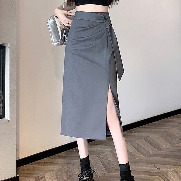 AOKADA H라인 롱 스커트 플리츠 허리 스트랩 옆트임 치마