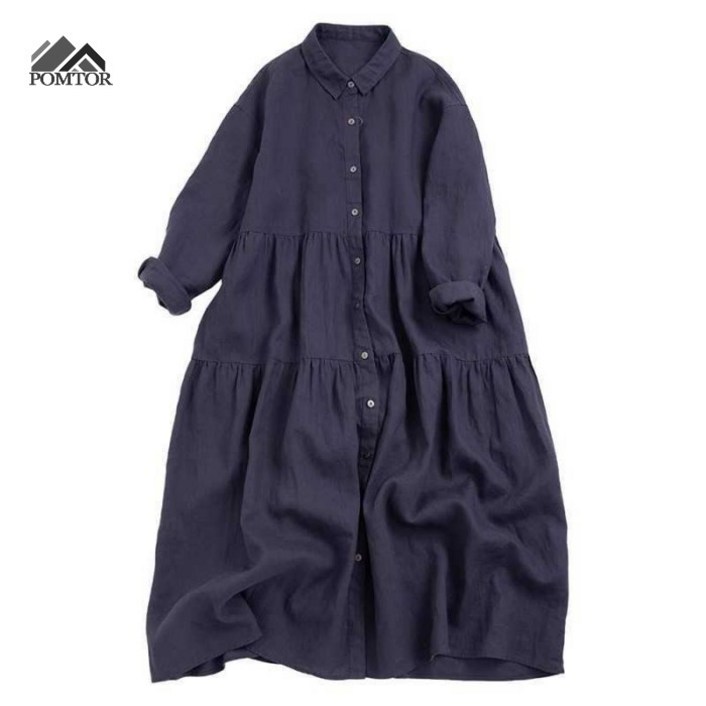 POMTOR 여성용 내추럴 스타일 린넨 원피스 아홉부 소매 루즈핏 편안한 디자인