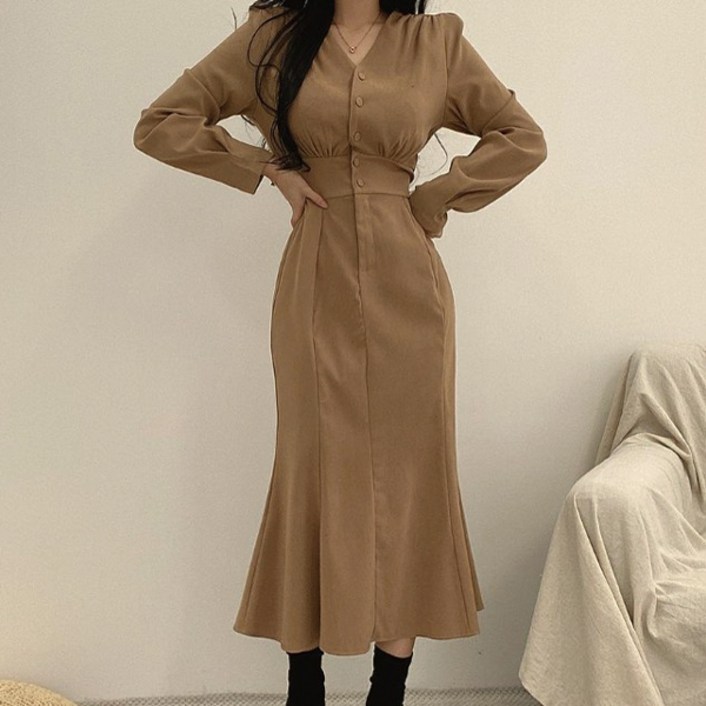 랜덤플레이 머메이드 콩 단추 어깨 퍼프 롱 원피스 브라운 상세설명에서몇갠지꼭꼭확인