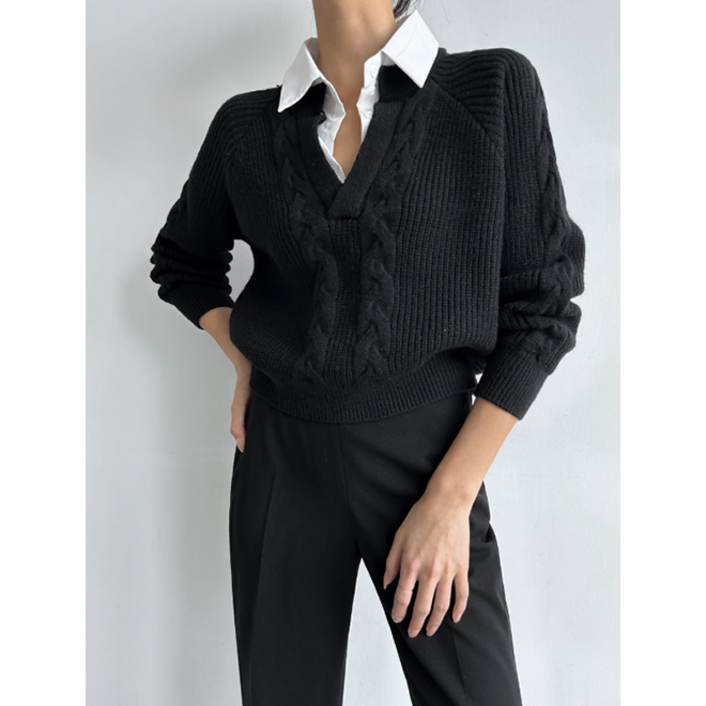 페이크 셔츠 케이블 니트티 일체형 레이어드 세미오피스 셔츠니트