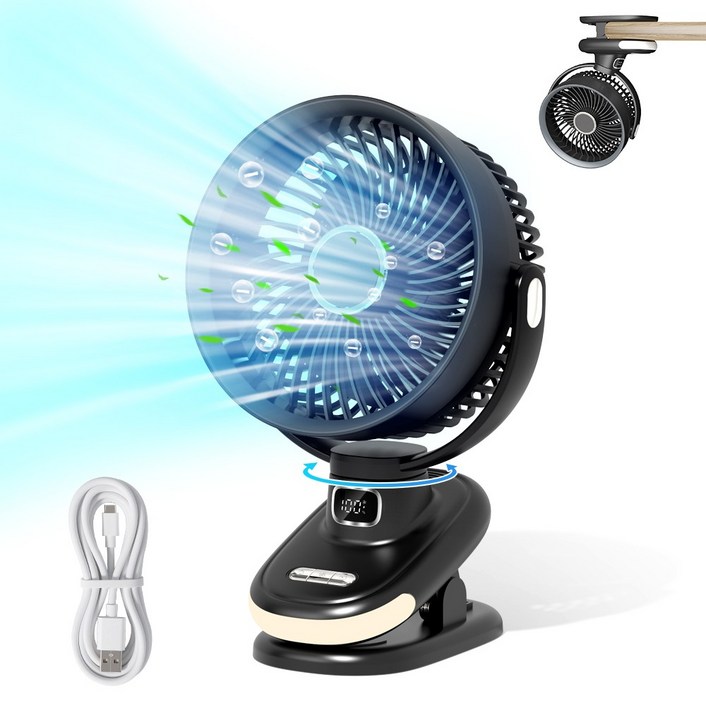 [한정특가]ebeiya 무선 미니 회전형 선풍기 침대 무드등 탁상용 클립형 스탠드 벽걸이 저소음 집게형 써큘레이터 유모차 독서실 선풍기 2025, 블랙