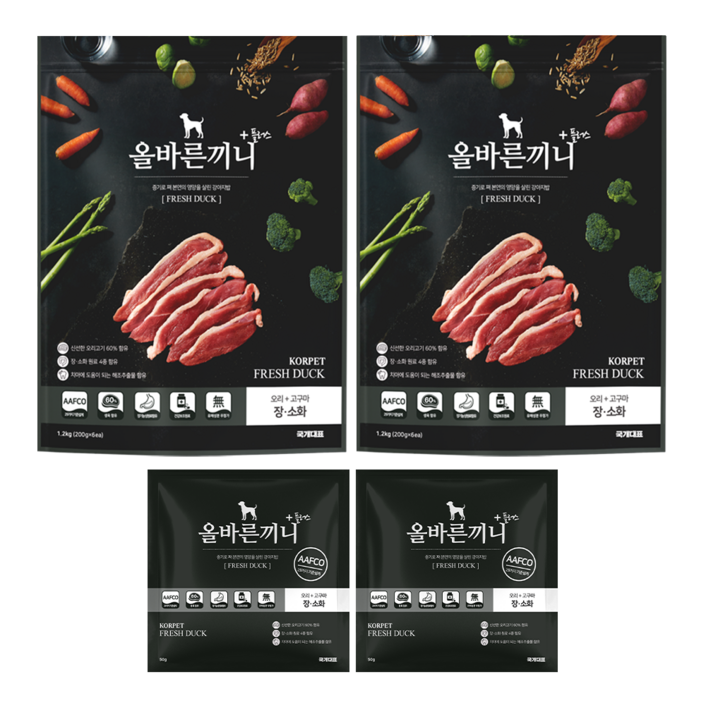 올바른끼니 플러스오리 고구마장건강 강아지사료  60생육, 100휴먼그레이드, 스팀공법 영양식 강아지밥, 1.25kg, 2개, 오리