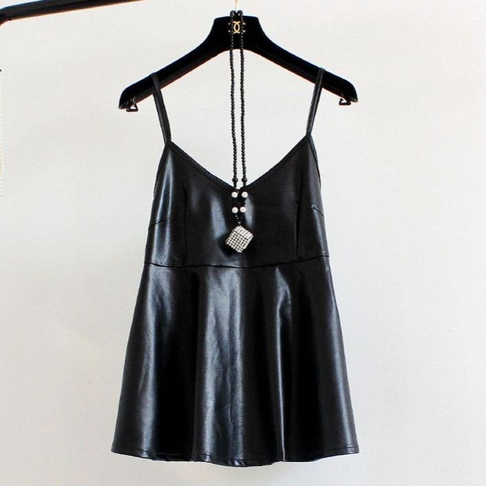 블랙 가죽 뷔스티에 원피스 PU가죽 서스펜더 조끼